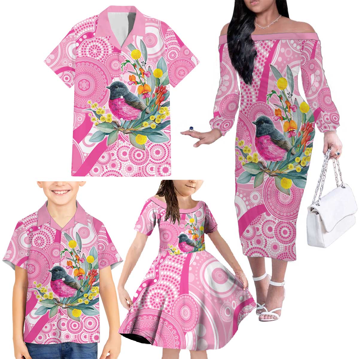 Pink Robin Aboriginal Inspired Family Matching Off The Shoulder Long Sleeve Dress and Hawaiian Shirt - Aussie Hoodie