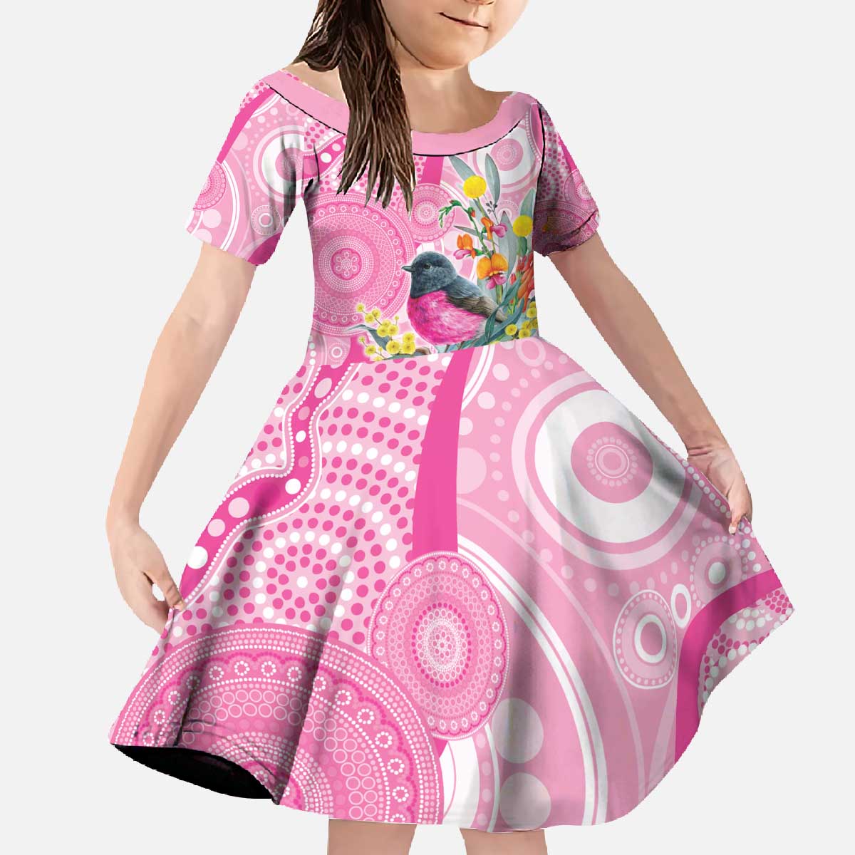 Pink Robin Aboriginal Inspired Family Matching Off The Shoulder Long Sleeve Dress and Hawaiian Shirt - Aussie Hoodie