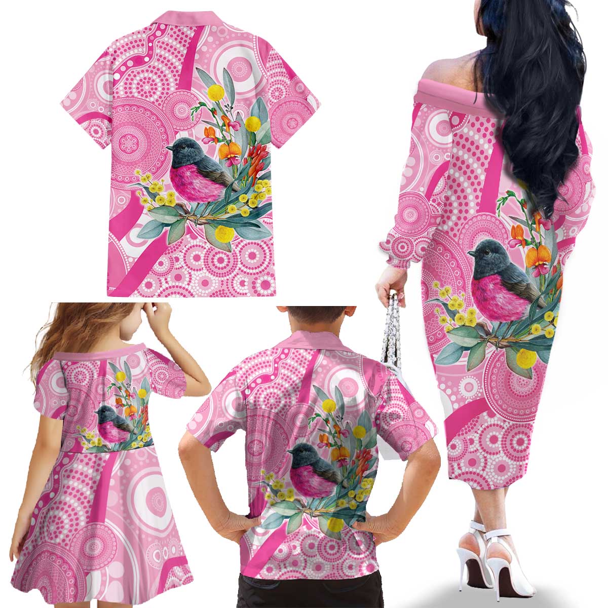 Pink Robin Aboriginal Inspired Family Matching Off The Shoulder Long Sleeve Dress and Hawaiian Shirt - Aussie Hoodie