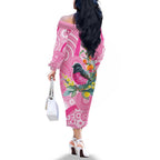 Pink Robin Aboriginal Inspired Family Matching Off The Shoulder Long Sleeve Dress and Hawaiian Shirt - Aussie Hoodie