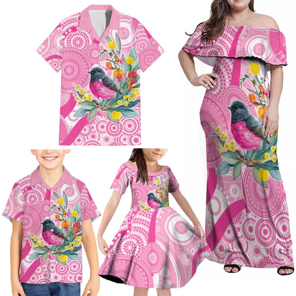 Pink Robin Aboriginal Inspired Family Matching Off Shoulder Maxi Dress and Hawaiian Shirt - Aussie Hoodie