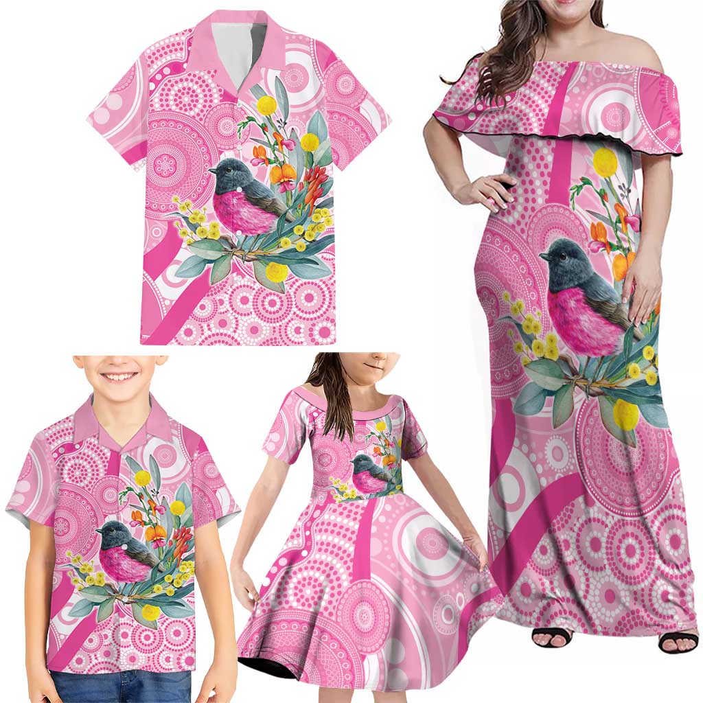 Pink Robin Aboriginal Inspired Family Matching Off Shoulder Maxi Dress and Hawaiian Shirt - Aussie Hoodie