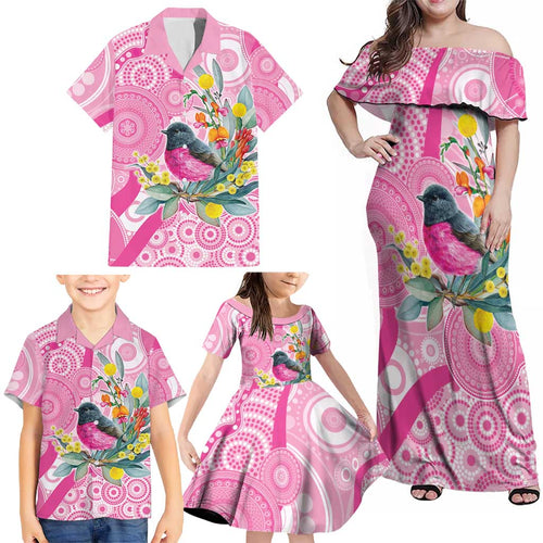 Pink Robin Aboriginal Inspired Family Matching Off Shoulder Maxi Dress and Hawaiian Shirt - Aussie Hoodie