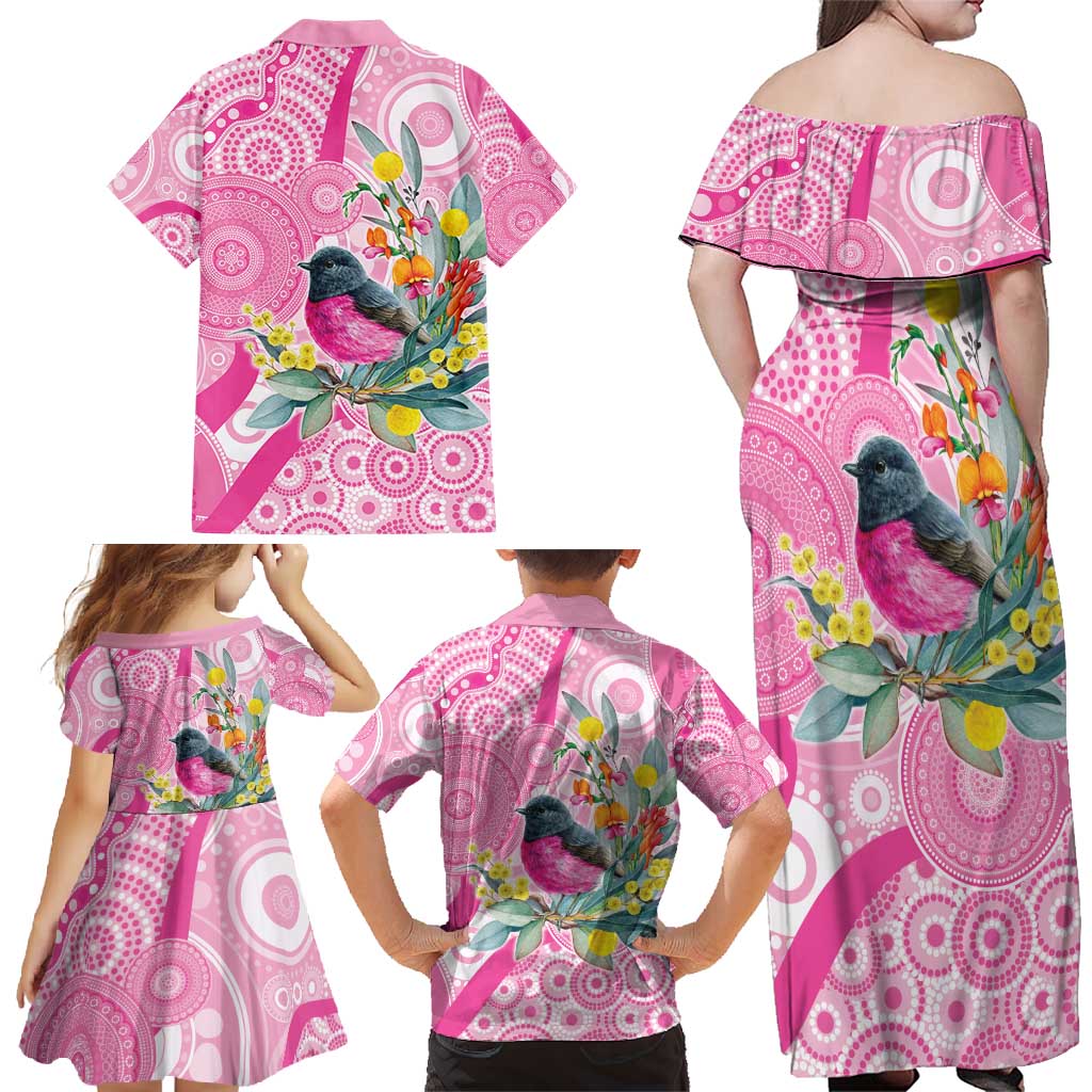 Pink Robin Aboriginal Inspired Family Matching Off Shoulder Maxi Dress and Hawaiian Shirt - Aussie Hoodie