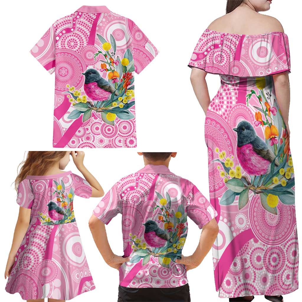 Pink Robin Aboriginal Inspired Family Matching Off Shoulder Maxi Dress and Hawaiian Shirt - Aussie Hoodie