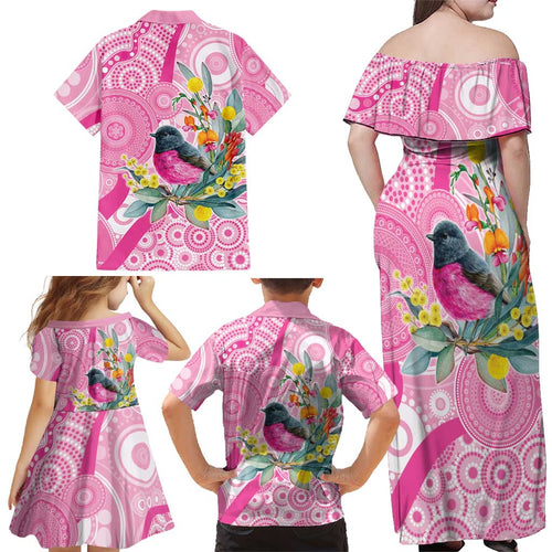 Pink Robin Aboriginal Inspired Family Matching Off Shoulder Maxi Dress and Hawaiian Shirt - Aussie Hoodie
