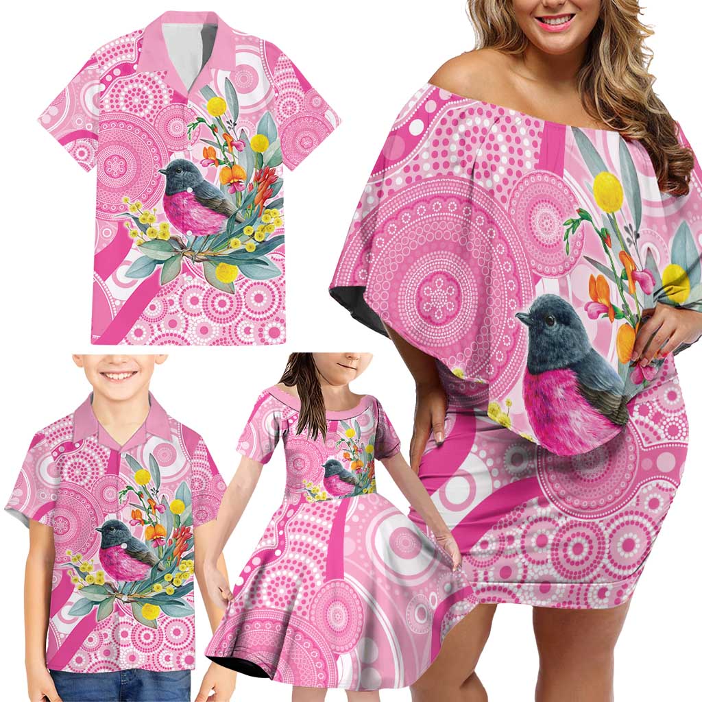 Pink Robin Aboriginal Inspired Family Matching Off Shoulder Short Dress and Hawaiian Shirt - Aussie Hoodie