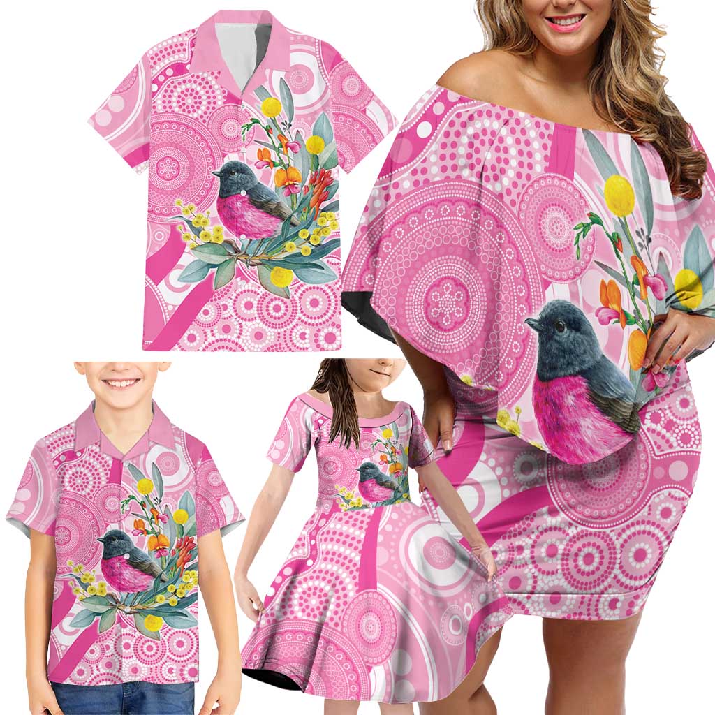 Pink Robin Aboriginal Inspired Family Matching Off Shoulder Short Dress and Hawaiian Shirt - Aussie Hoodie