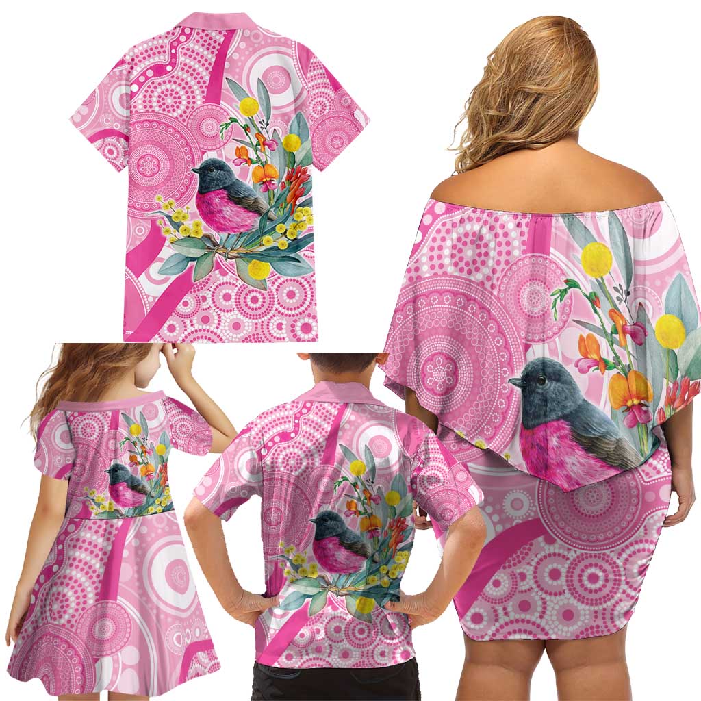 Pink Robin Aboriginal Inspired Family Matching Off Shoulder Short Dress and Hawaiian Shirt - Aussie Hoodie