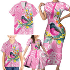 Pink Robin Aboriginal Inspired Family Matching Short Sleeve Bodycon Dress and Hawaiian Shirt - Aussie Hoodie
