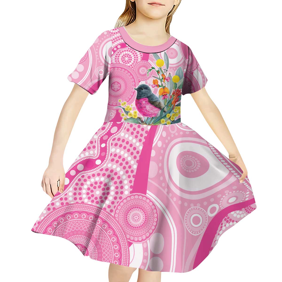 Pink Robin Aboriginal Inspired Kid Short Sleeve Dress - Aussie Hoodie