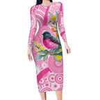 Pink Robin Aboriginal Inspired Long Sleeve Bodycon Dress - Aussie Hoodie