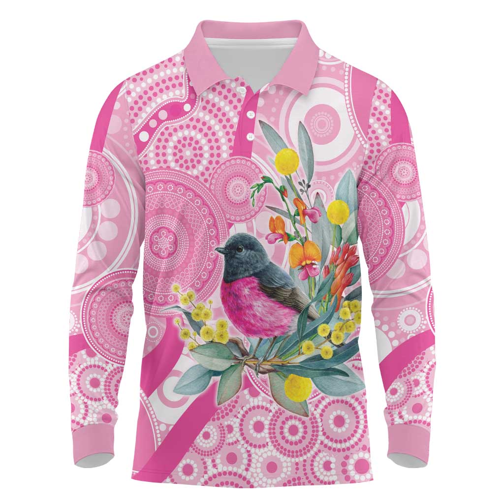 Pink Robin Aboriginal Inspired Long Sleeve Polo Shirt - Aussie Hoodie