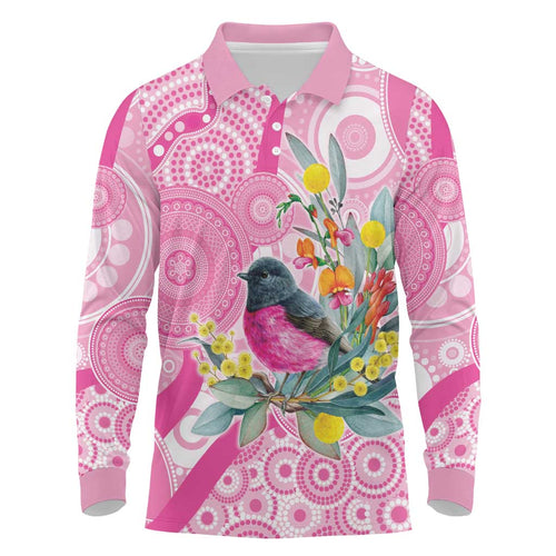 Pink Robin Aboriginal Inspired Long Sleeve Polo Shirt - Aussie Hoodie