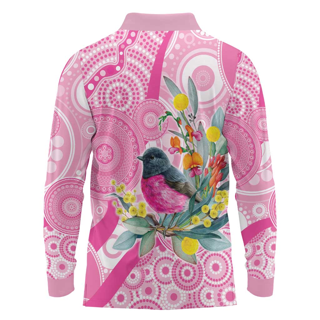 Pink Robin Aboriginal Inspired Long Sleeve Polo Shirt - Aussie Hoodie
