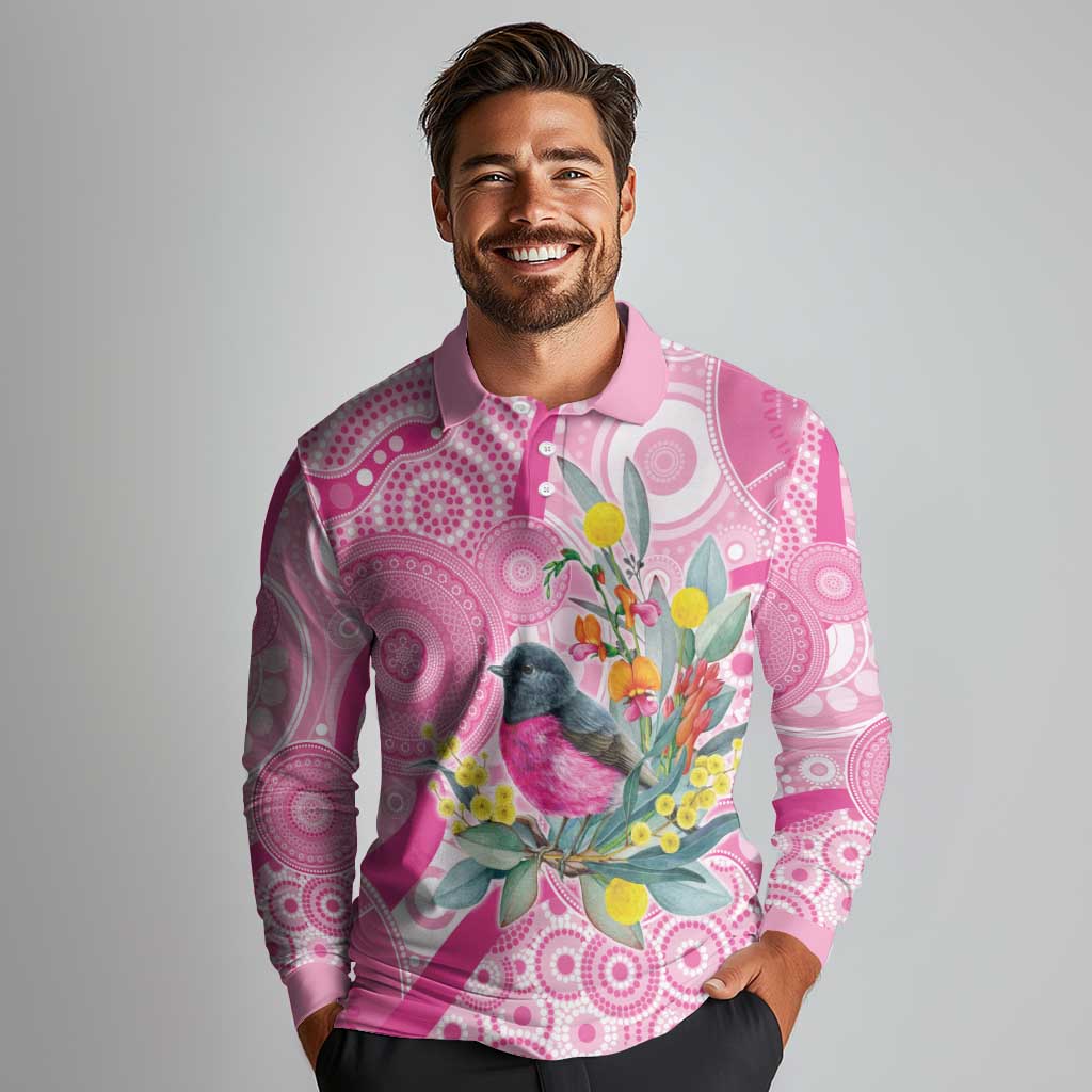 Pink Robin Aboriginal Inspired Long Sleeve Polo Shirt - Aussie Hoodie