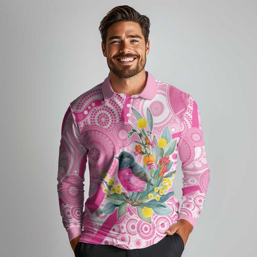 Pink Robin Aboriginal Inspired Long Sleeve Polo Shirt - Aussie Hoodie