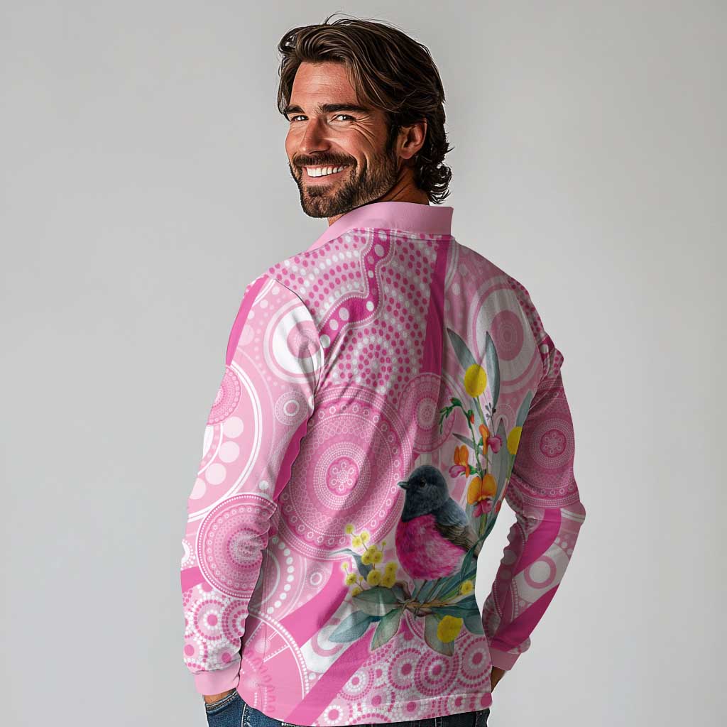 Pink Robin Aboriginal Inspired Long Sleeve Polo Shirt - Aussie Hoodie