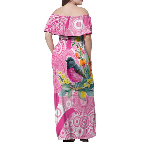 Pink Robin Aboriginal Inspired Off Shoulder Maxi Dress - Aussie Hoodie