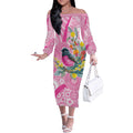 Pink Robin Aboriginal Inspired Off The Shoulder Long Sleeve Dress - Aussie Hoodie