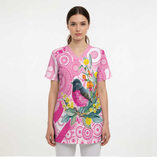 Pink Robin Aboriginal Inspired Scrub Top - Aussie Hoodie