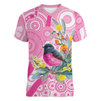 Pink Robin Aboriginal Inspired Women V-Neck T-Shirt - Aussie Hoodie