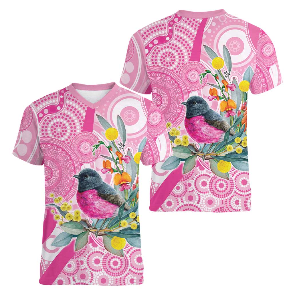 Pink Robin Aboriginal Inspired Women V-Neck T-Shirt - Aussie Hoodie