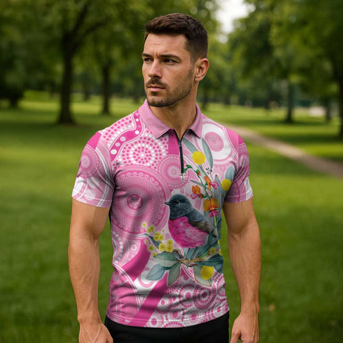 Pink Robin Aboriginal Inspired Zipper Polo Shirt - Aussie Hoodie