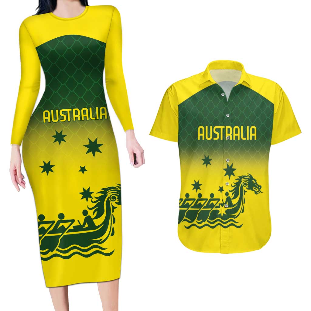 Personalised Dragons Boat Aussie Paddles Up! Couples Matching Long Sleeve Bodycon Dress and Hawaiian Shirt