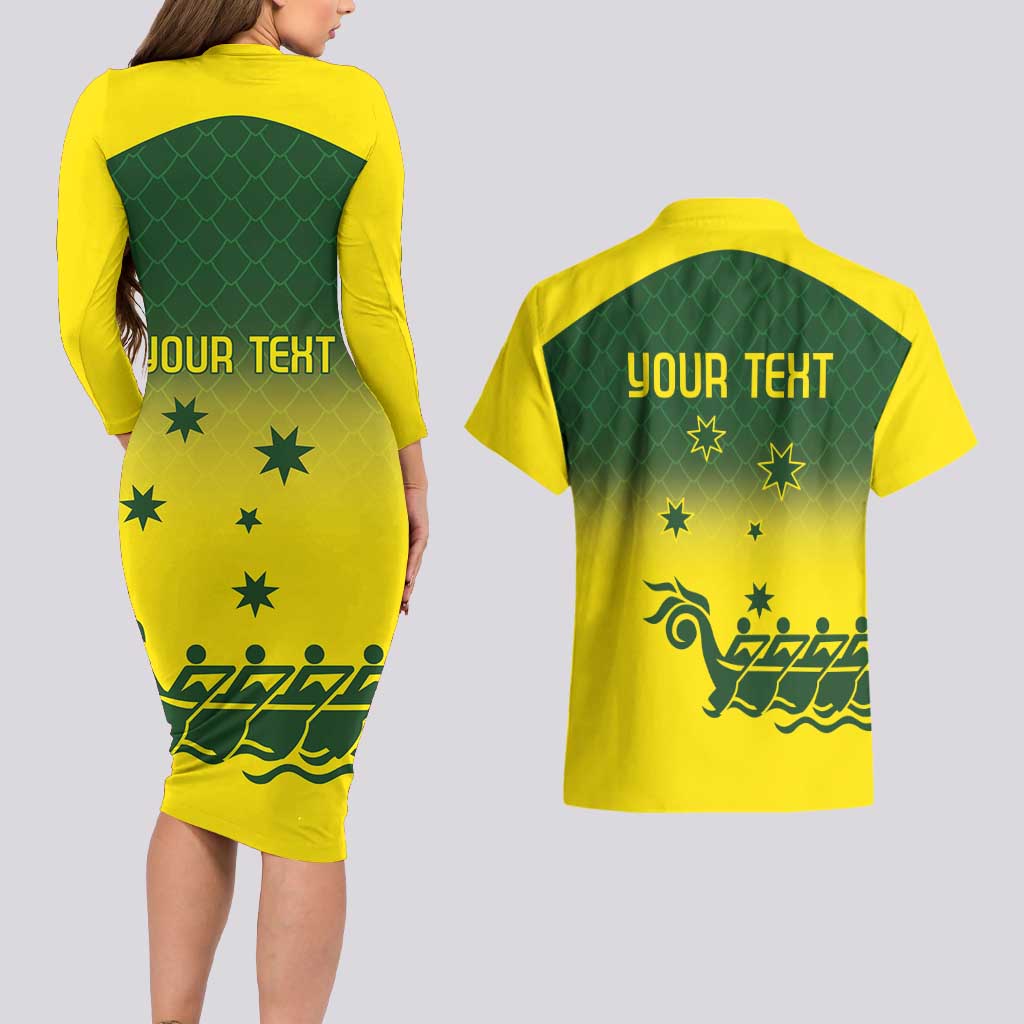 Personalised Dragons Boat Aussie Paddles Up! Couples Matching Long Sleeve Bodycon Dress and Hawaiian Shirt