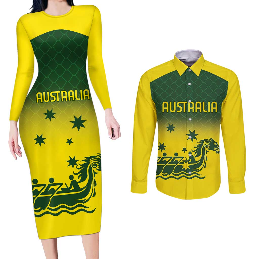 Personalised Dragons Boat Aussie Paddles Up! Couples Matching Long Sleeve Bodycon Dress and Long Sleeve Button Shirt