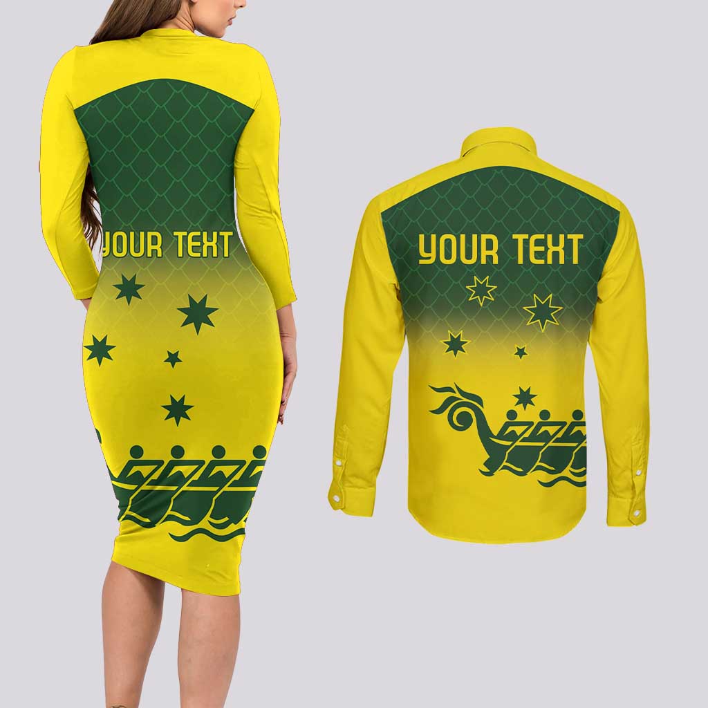 Personalised Dragons Boat Aussie Paddles Up! Couples Matching Long Sleeve Bodycon Dress and Long Sleeve Button Shirt