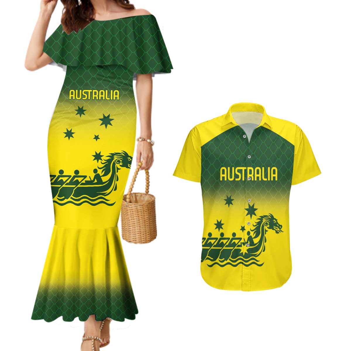 Personalised Dragons Boat Aussie Paddles Up! Couples Matching Mermaid Dress and Hawaiian Shirt