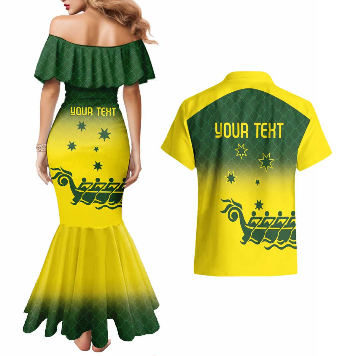 Personalised Dragons Boat Aussie Paddles Up! Couples Matching Mermaid Dress and Hawaiian Shirt