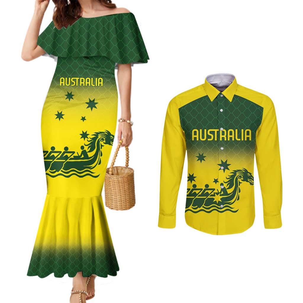 Personalised Dragons Boat Aussie Paddles Up! Couples Matching Mermaid Dress and Long Sleeve Button Shirt