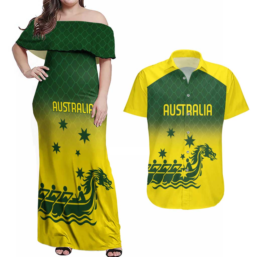 Personalised Dragons Boat Aussie Paddles Up! Couples Matching Off Shoulder Maxi Dress and Hawaiian Shirt