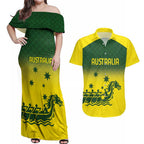 Personalised Dragons Boat Aussie Paddles Up! Couples Matching Off Shoulder Maxi Dress and Hawaiian Shirt