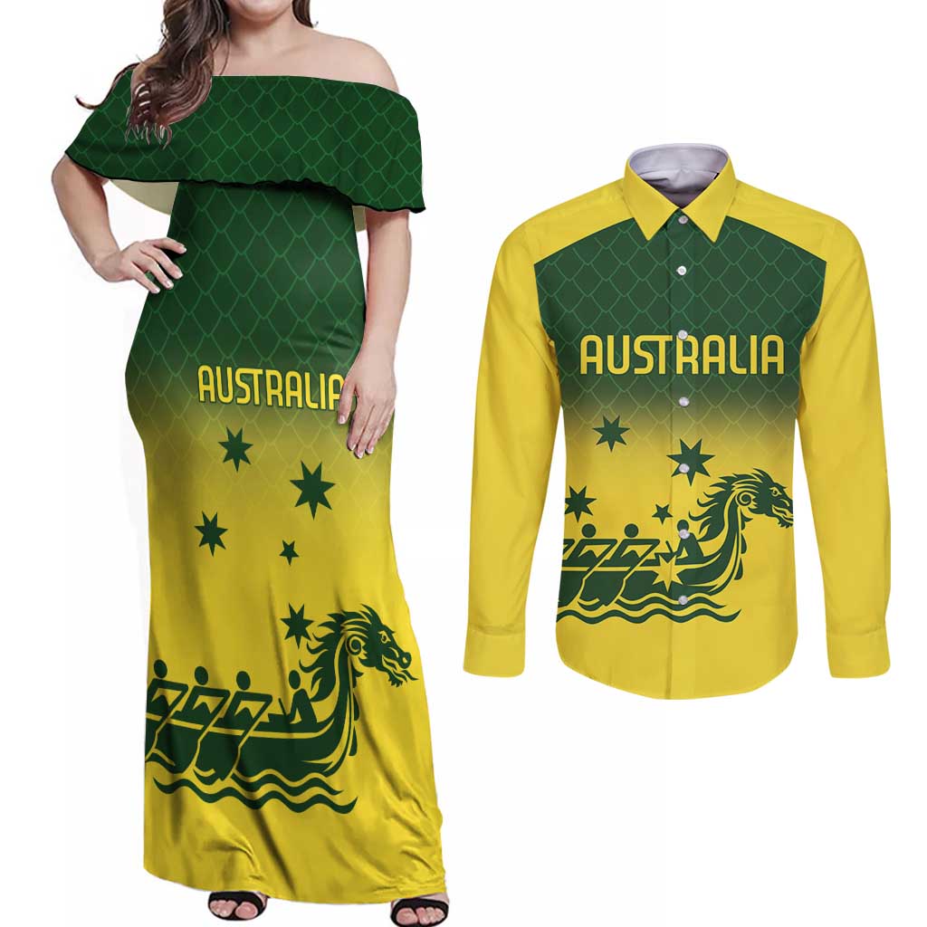 Personalised Dragons Boat Aussie Paddles Up! Couples Matching Off Shoulder Maxi Dress and Long Sleeve Button Shirt