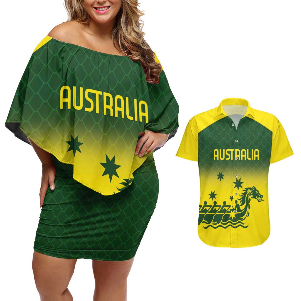 Personalised Dragons Boat Aussie Paddles Up! Couples Matching Off Shoulder Short Dress and Hawaiian Shirt