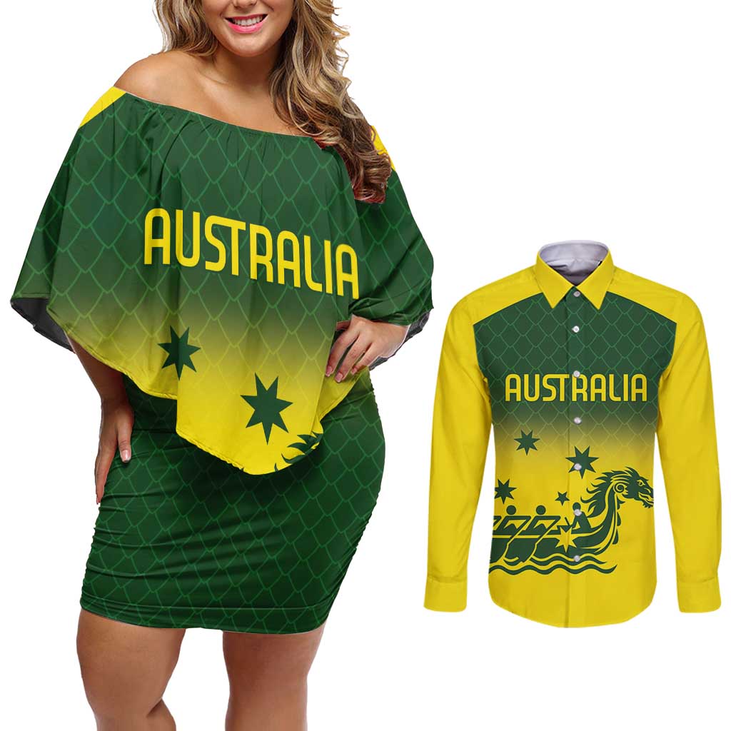Personalised Dragons Boat Aussie Paddles Up! Couples Matching Off Shoulder Short Dress and Long Sleeve Button Shirt