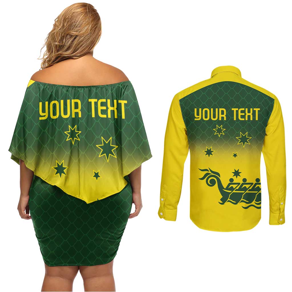 Personalised Dragons Boat Aussie Paddles Up! Couples Matching Off Shoulder Short Dress and Long Sleeve Button Shirt