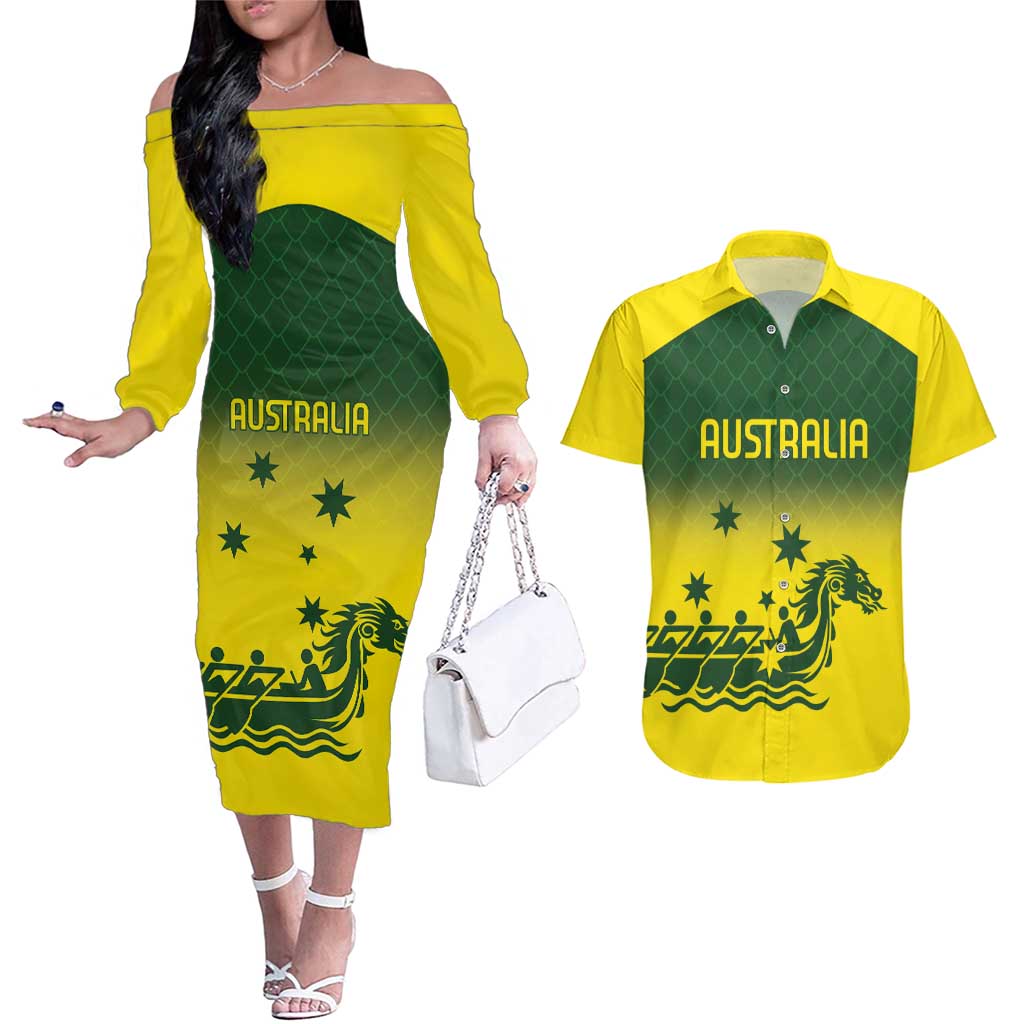 Personalised Dragons Boat Aussie Paddles Up! Couples Matching Off The Shoulder Long Sleeve Dress and Hawaiian Shirt
