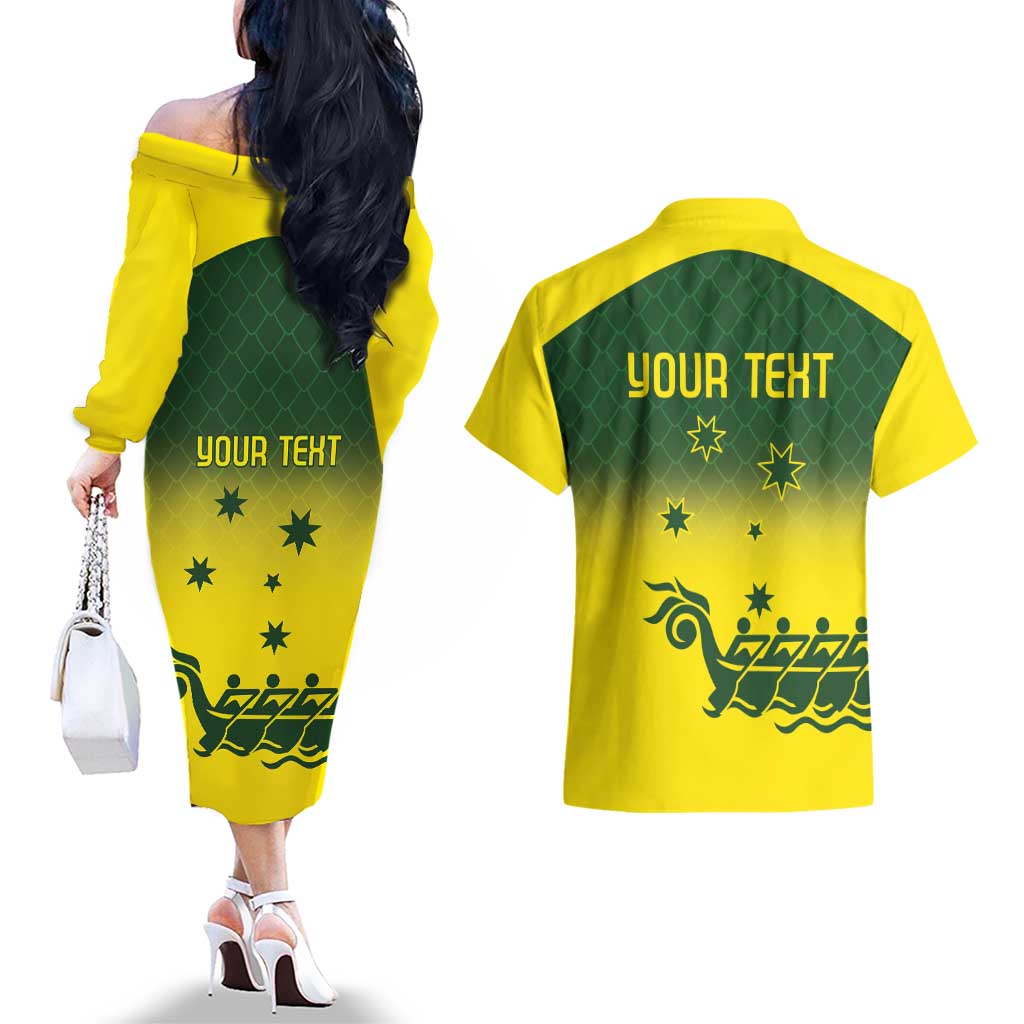 Personalised Dragons Boat Aussie Paddles Up! Couples Matching Off The Shoulder Long Sleeve Dress and Hawaiian Shirt