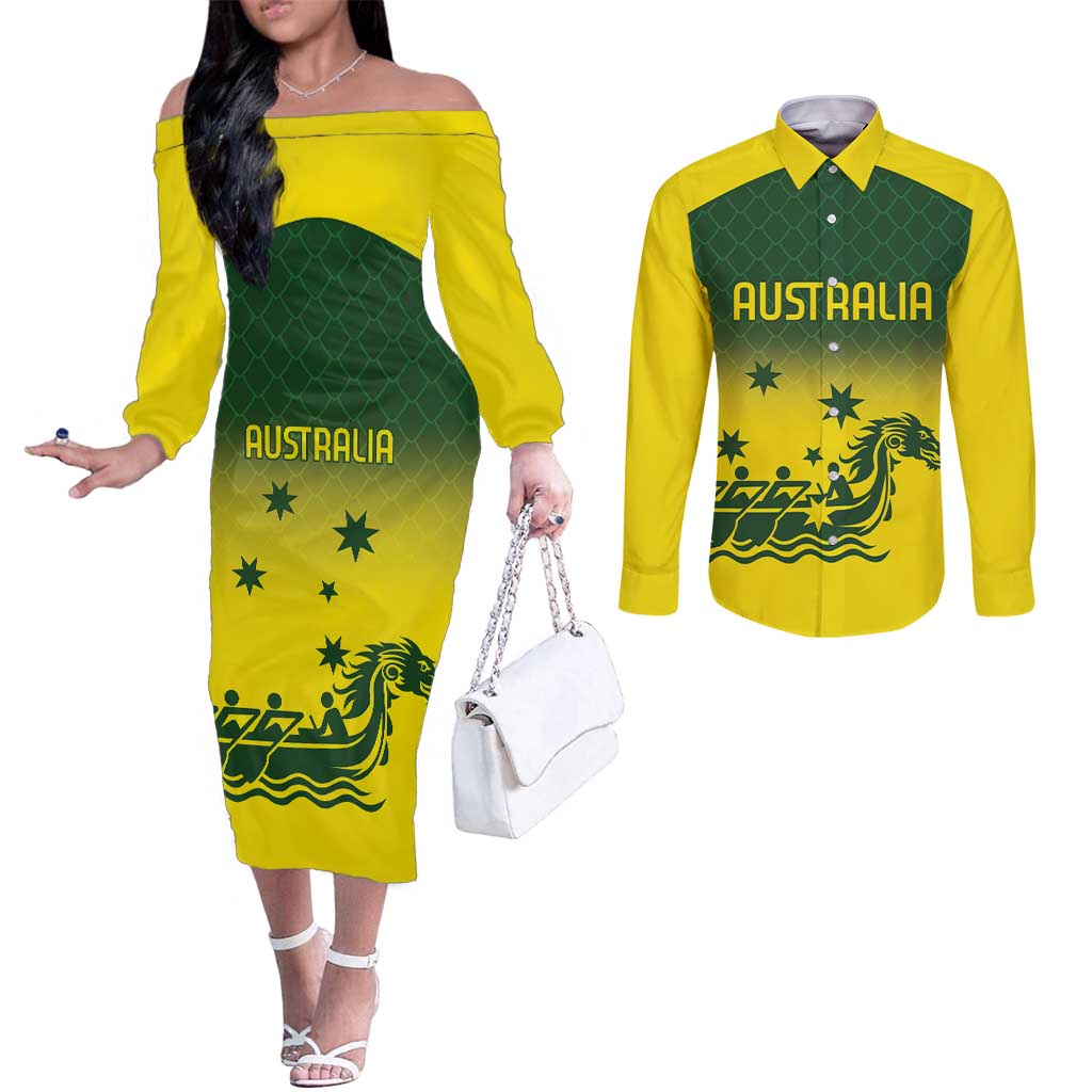 Personalised Dragons Boat Aussie Paddles Up! Couples Matching Off The Shoulder Long Sleeve Dress and Long Sleeve Button Shirt