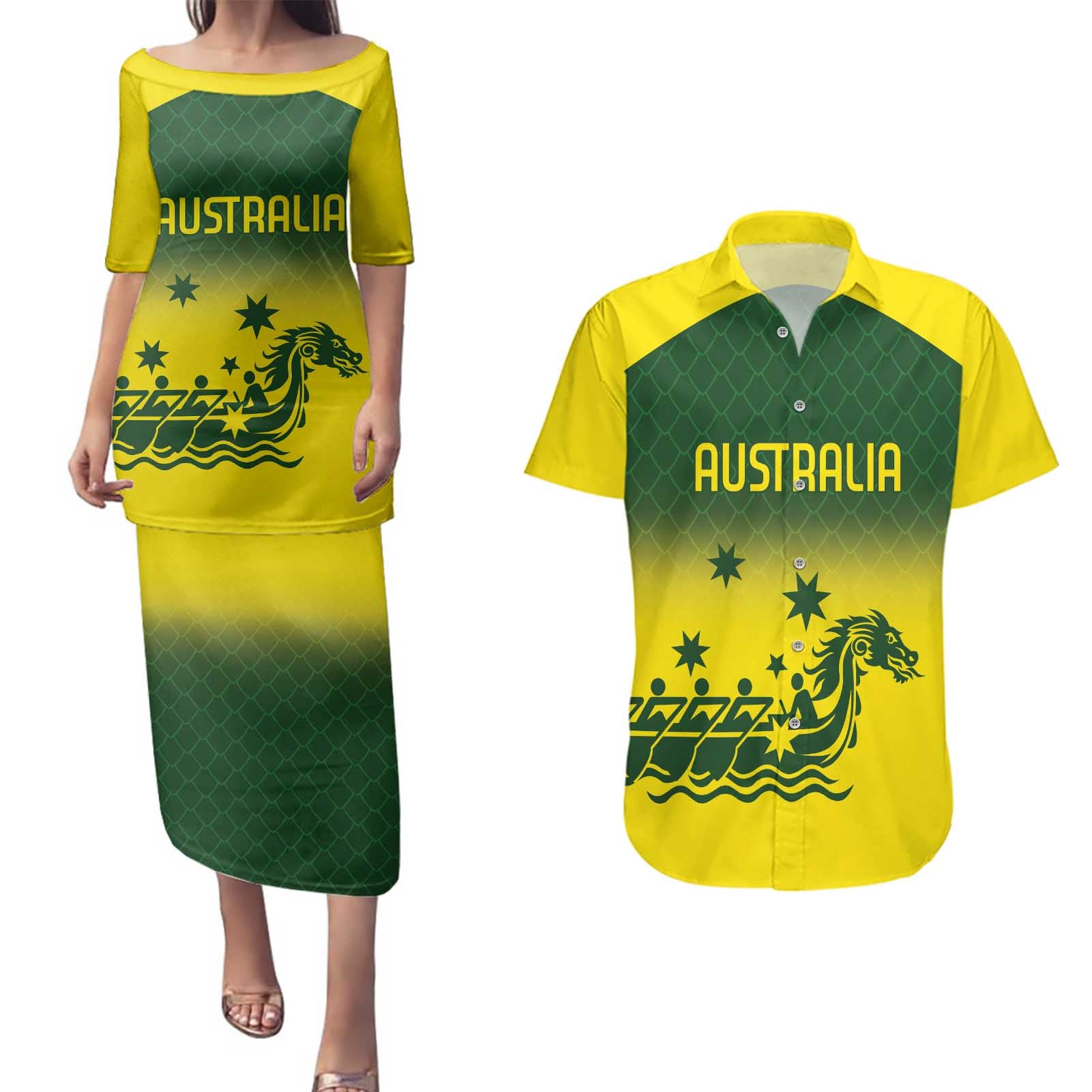 Personalised Dragons Boat Aussie Paddles Up! Couples Matching Puletasi and Hawaiian Shirt