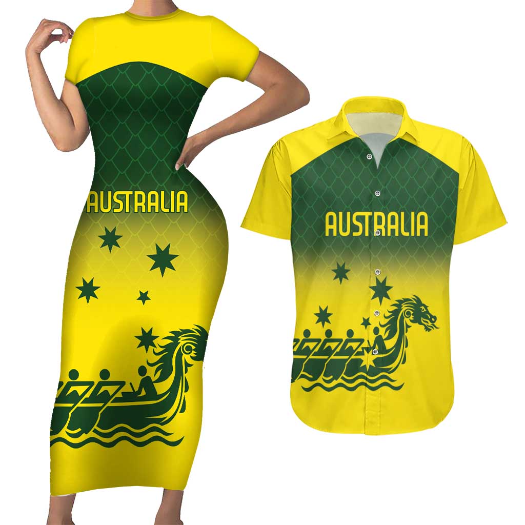 Personalised Dragons Boat Aussie Paddles Up! Couples Matching Short Sleeve Bodycon Dress and Hawaiian Shirt
