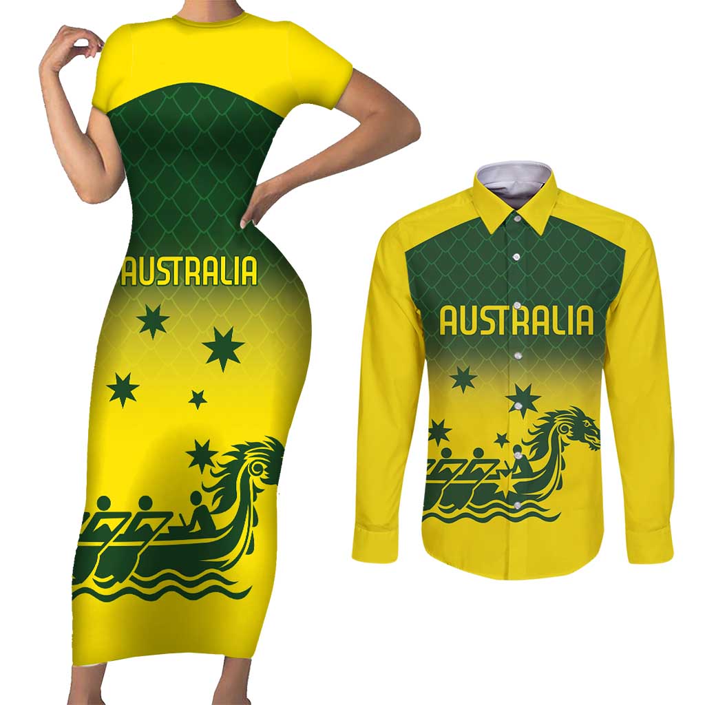 Personalised Dragons Boat Aussie Paddles Up! Couples Matching Short Sleeve Bodycon Dress and Long Sleeve Button Shirt