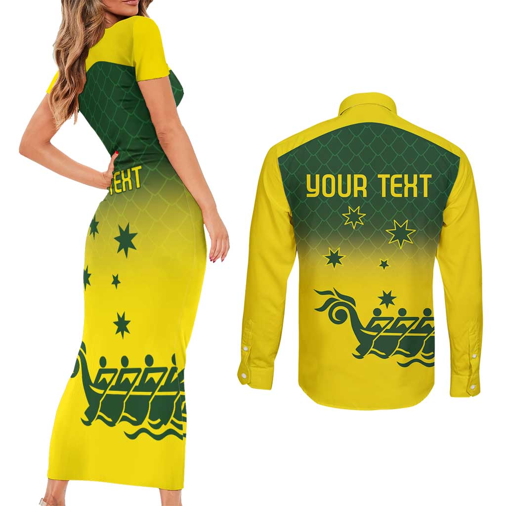 Personalised Dragons Boat Aussie Paddles Up! Couples Matching Short Sleeve Bodycon Dress and Long Sleeve Button Shirt