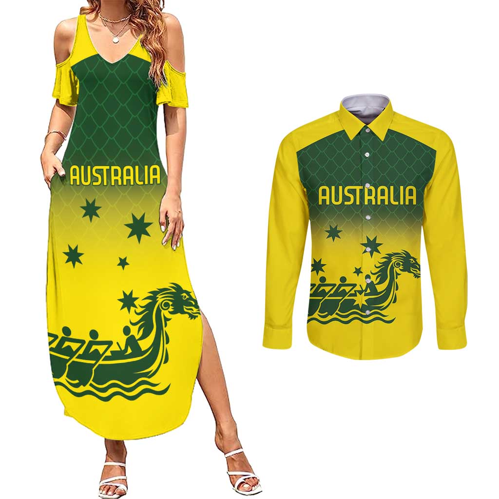 Personalised Dragons Boat Aussie Paddles Up! Couples Matching Summer Maxi Dress and Long Sleeve Button Shirt
