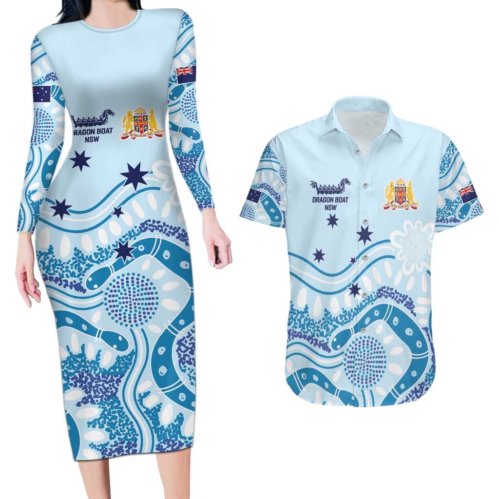 Personalised Australia New South Wales Dragons Boat Couples Matching Long Sleeve Bodycon Dress and Hawaiian Shirt Aussie Aboriginal Dot Style